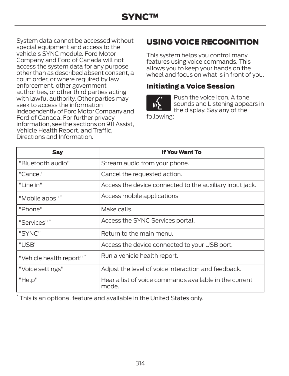 Sync, Using voice recognition | FORD 2014 Fusion v.1 User Manual | Page 317 / 457