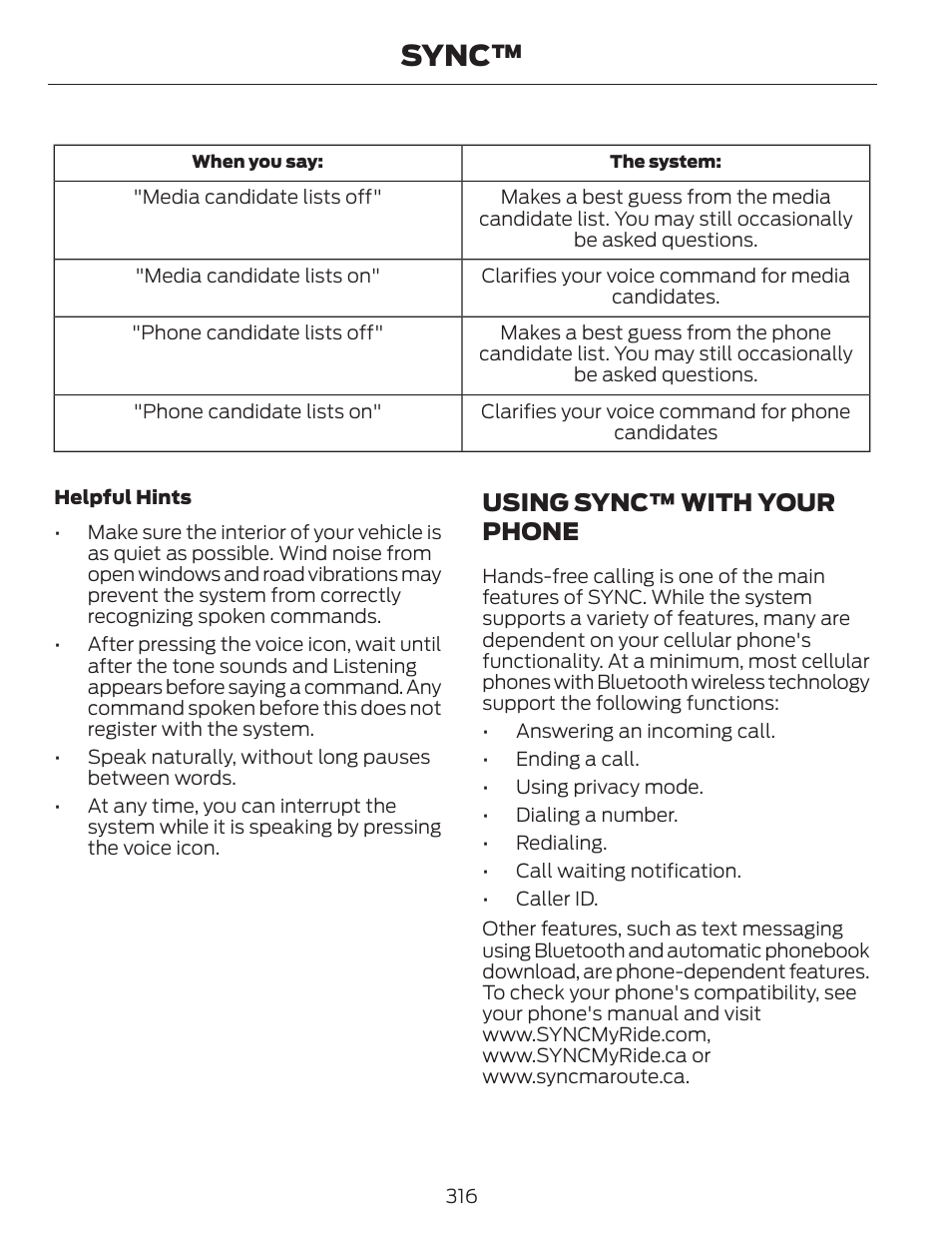 Sync, Using sync™ with your phone | FORD 2014 Fusion v.1 User Manual | Page 319 / 457