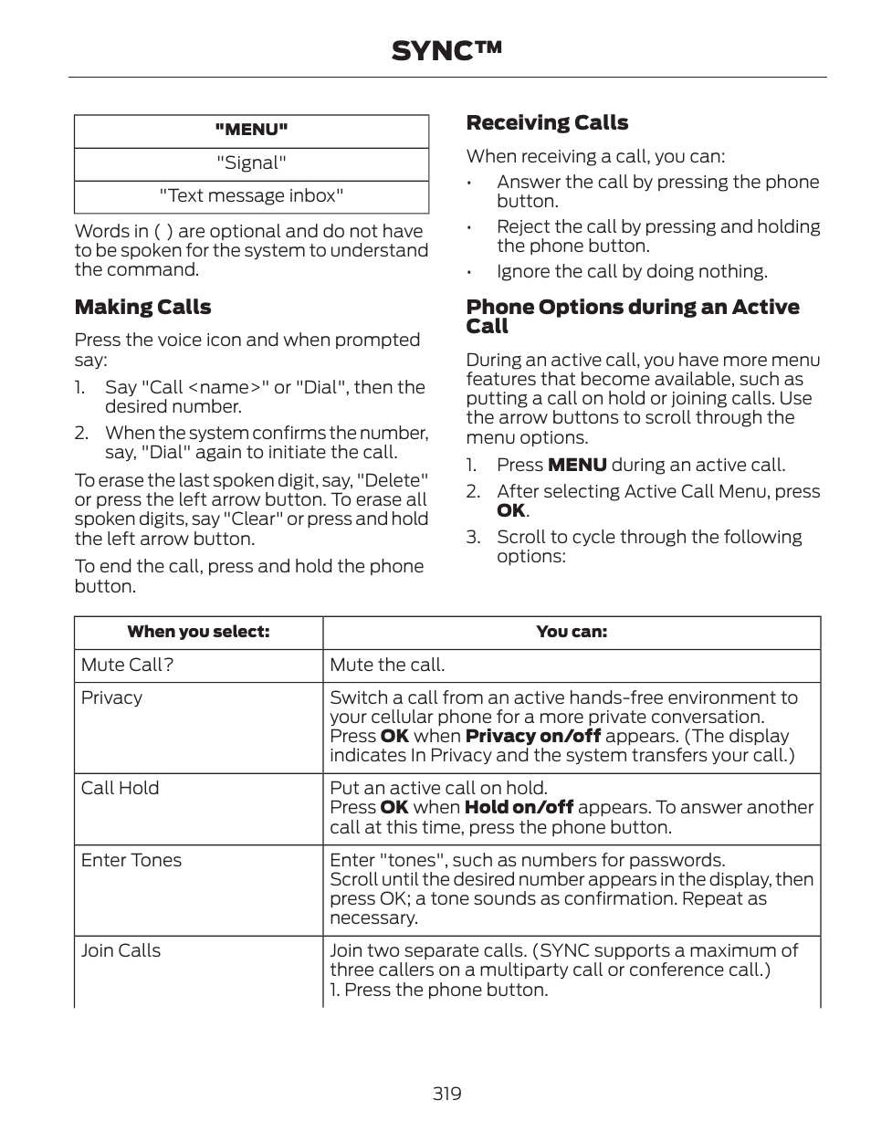 Sync | FORD 2014 Fusion v.1 User Manual | Page 322 / 457