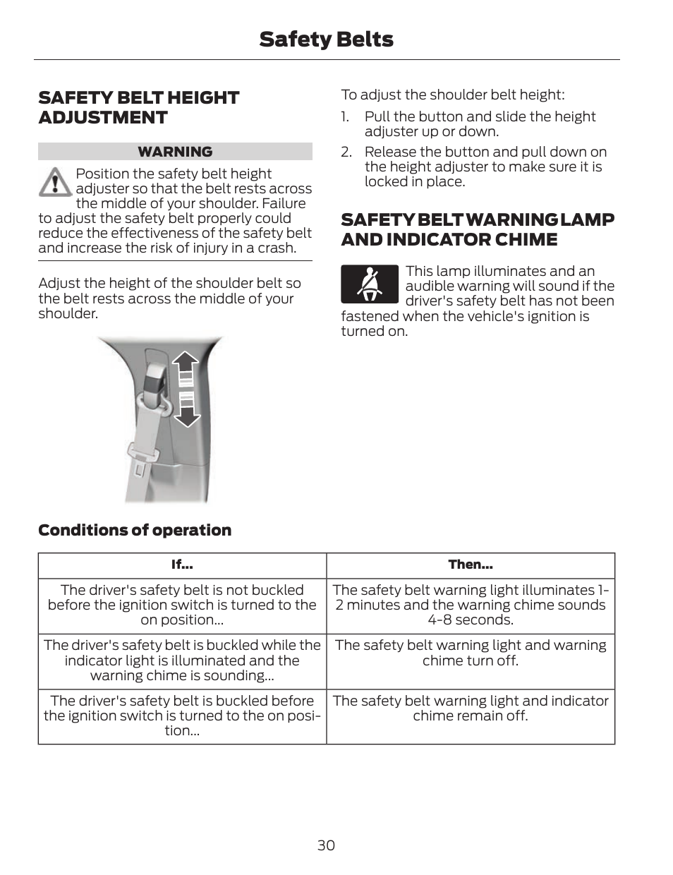 Safety belts, Safety belt height adjustment, Safety belt warning lamp and indicator chime | FORD 2014 Fusion v.1 User Manual | Page 33 / 457