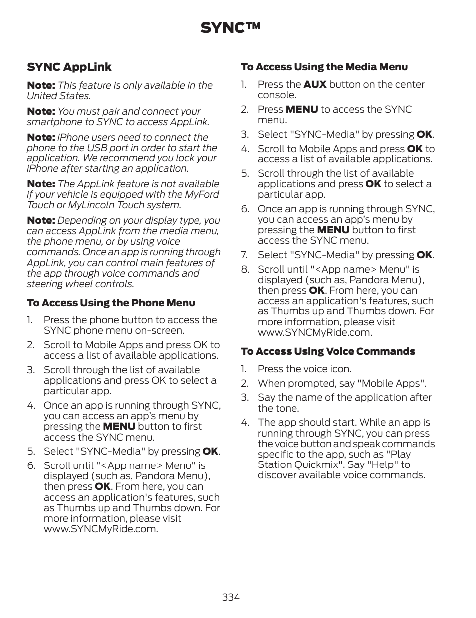 Sync | FORD 2014 Fusion v.1 User Manual | Page 337 / 457