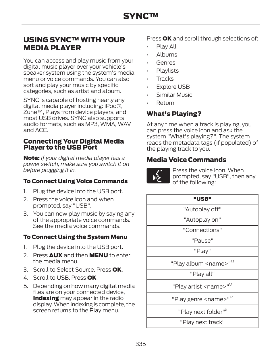 Sync, Using sync™ with your media player | FORD 2014 Fusion v.1 User Manual | Page 338 / 457