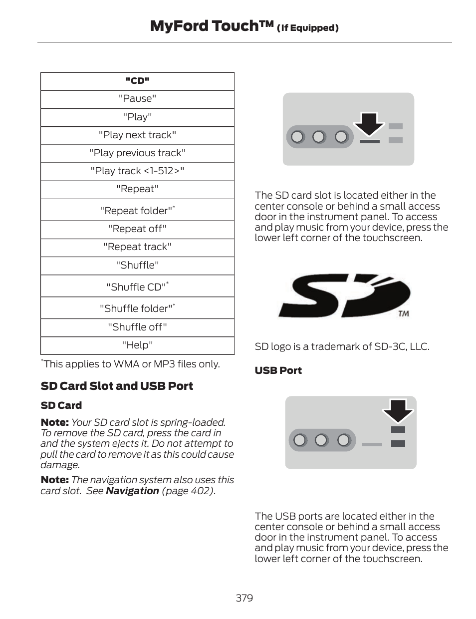 Myford touch, Sd card slot and usb port | FORD 2014 Fusion v.1 User Manual | Page 382 / 457