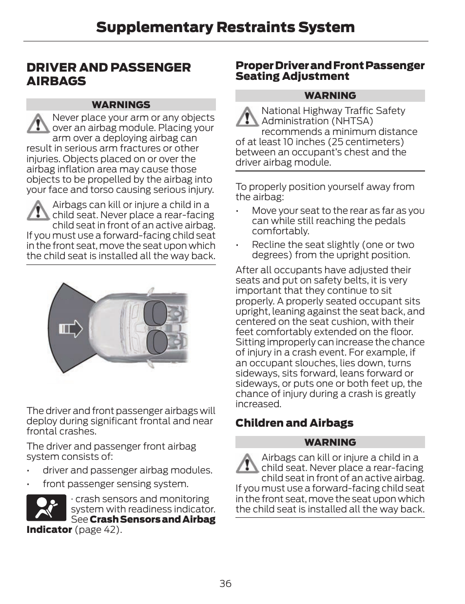 Supplementary restraints system, Driver and passenger airbags | FORD 2014 Fusion v.1 User Manual | Page 39 / 457