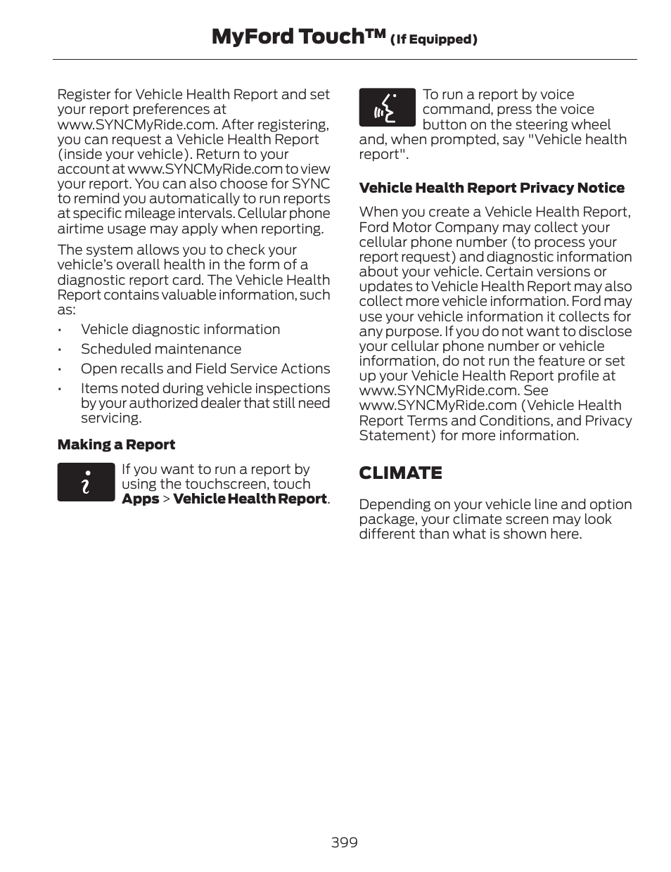 Myford touch, Climate | FORD 2014 Fusion v.1 User Manual | Page 402 / 457