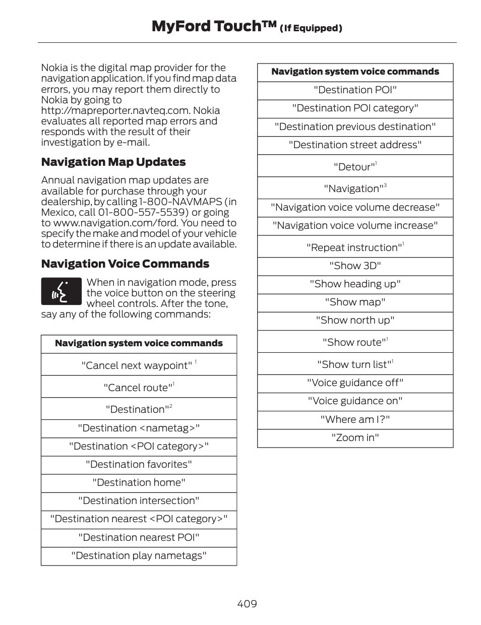 Myford touch, Navigation map updates, Navigation voice commands | FORD 2014 Fusion v.1 User Manual | Page 412 / 457