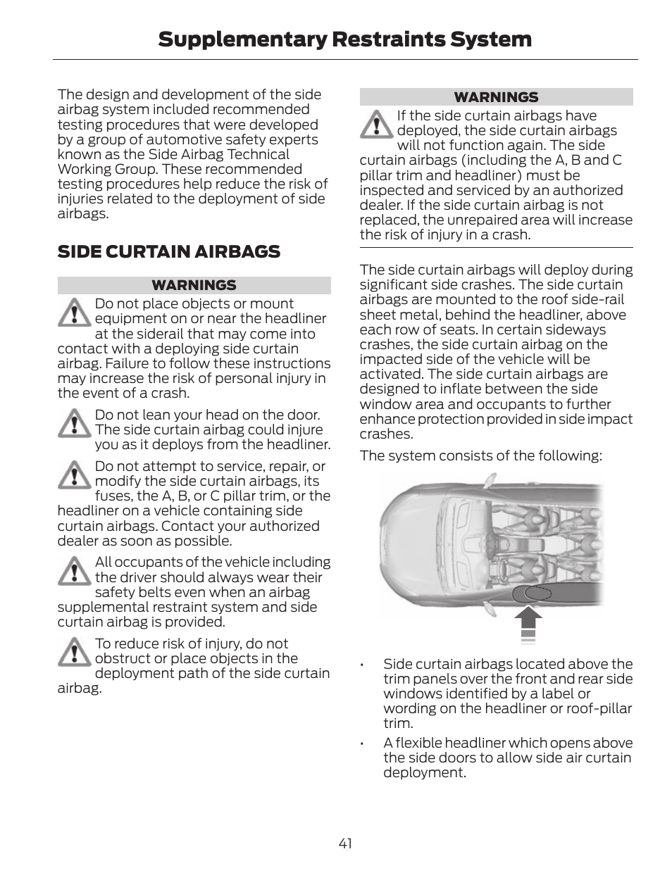 Supplementary restraints system, Side curtain airbags | FORD 2014 Fusion v.1 User Manual | Page 44 / 457