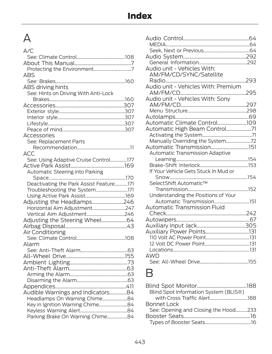 Index | FORD 2014 Fusion v.1 User Manual | Page 446 / 457