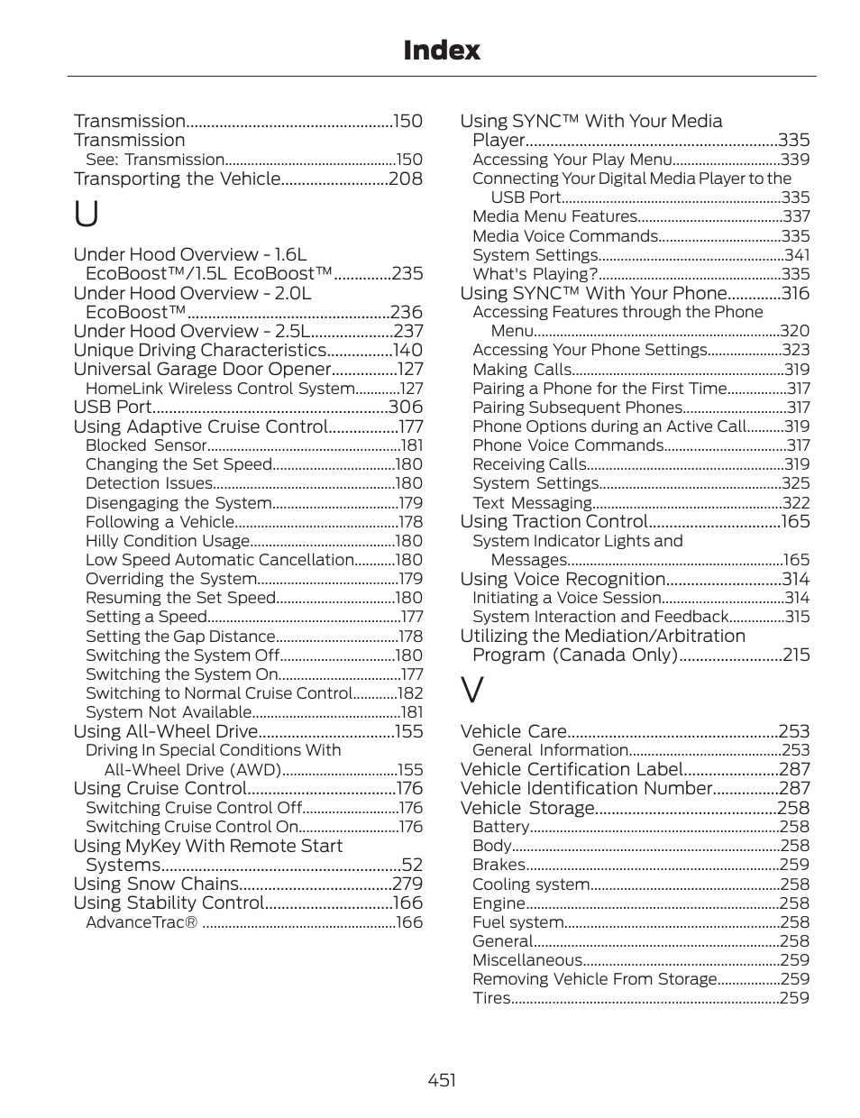 Index | FORD 2014 Fusion v.1 User Manual | Page 454 / 457