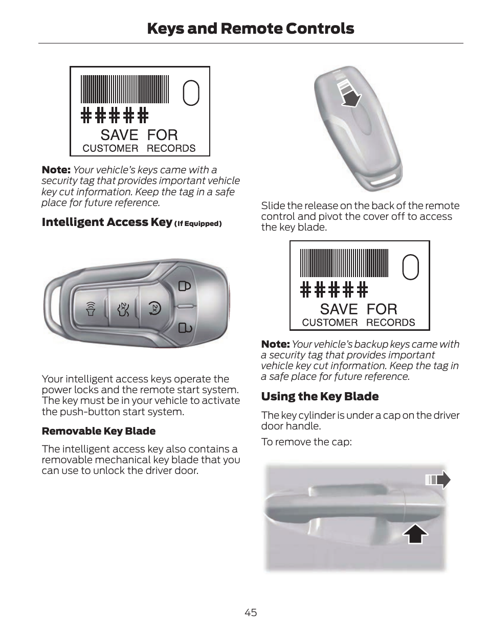 Keys and remote controls, Intelligent access key, Using the key blade | FORD 2014 Fusion v.1 User Manual | Page 48 / 457