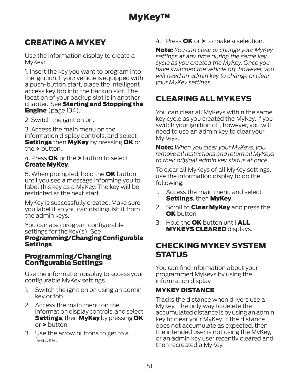 Mykey, Creating a mykey, Clearing all mykeys | Checking mykey system status | FORD 2014 Fusion v.1 User Manual | Page 54 / 457