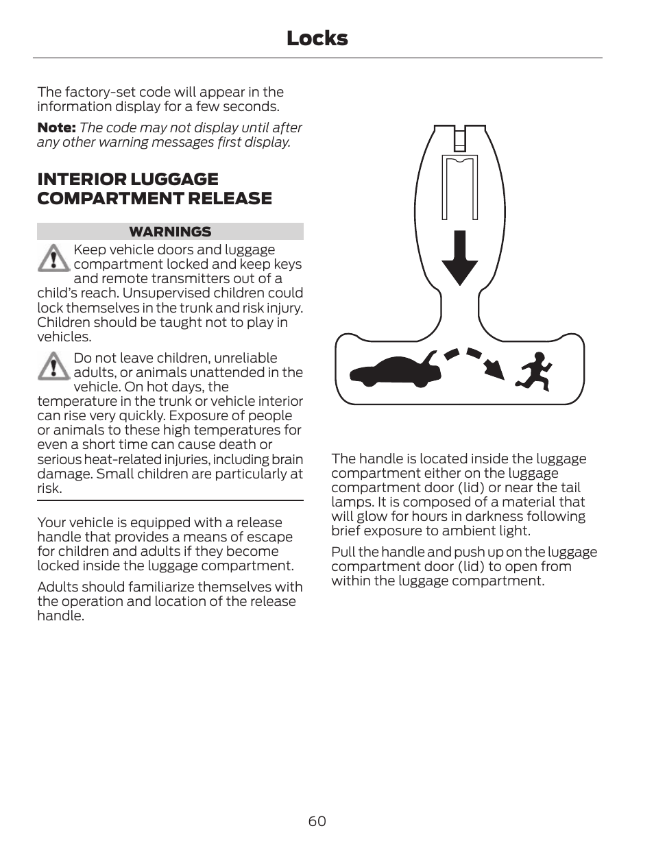 Locks, Interior luggage compartment release | FORD 2014 Fusion v.1 User Manual | Page 63 / 457