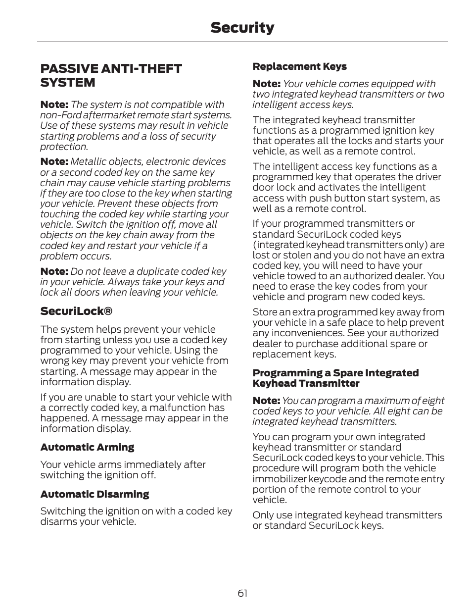 Security, Passive anti-theft system | FORD 2014 Fusion v.1 User Manual | Page 64 / 457