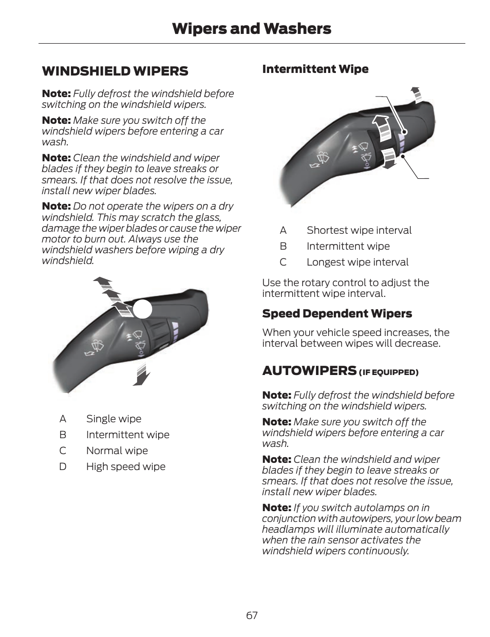 Wipers and washers, Windshield wipers, Dc b | Cb a, Autowipers | FORD 2014 Fusion v.1 User Manual | Page 70 / 457