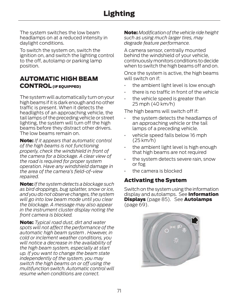 Lighting, Automatic high beam control | FORD 2014 Fusion v.1 User Manual | Page 74 / 457