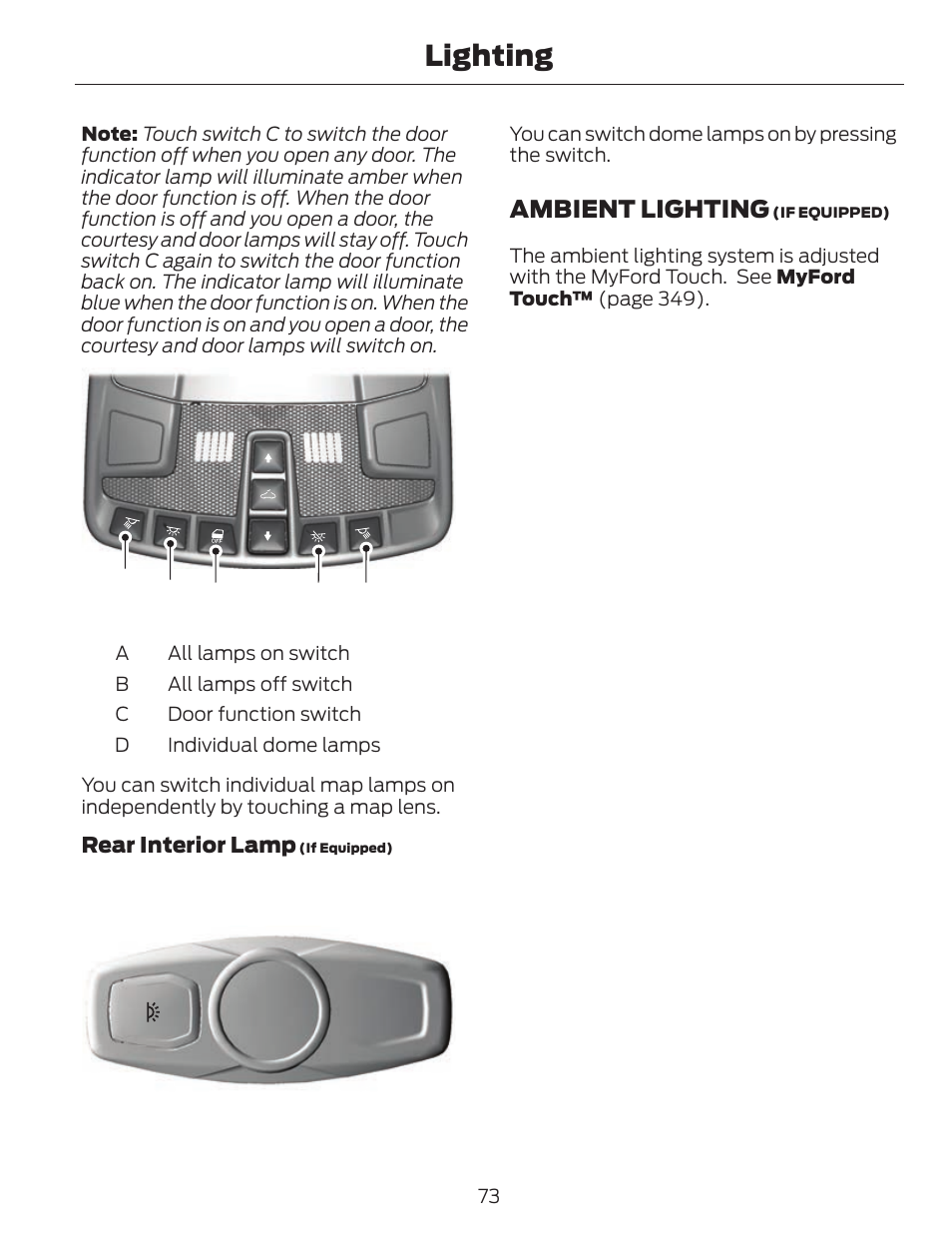Lighting, Ab c d d, Ambient lighting | FORD 2014 Fusion v.1 User Manual | Page 76 / 457