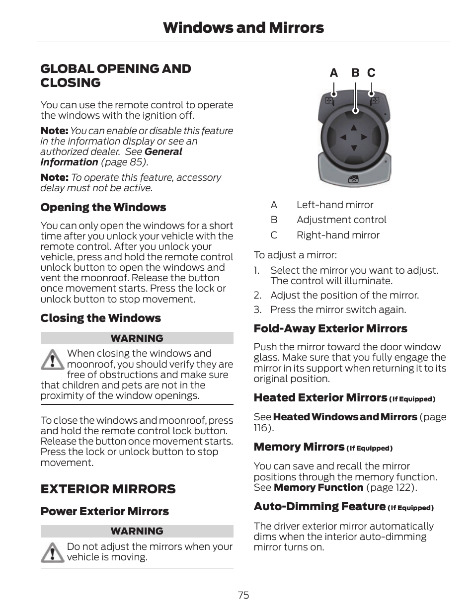 Windows and mirrors, Global opening and closing, Exterior mirrors | FORD 2014 Fusion v.1 User Manual | Page 78 / 457