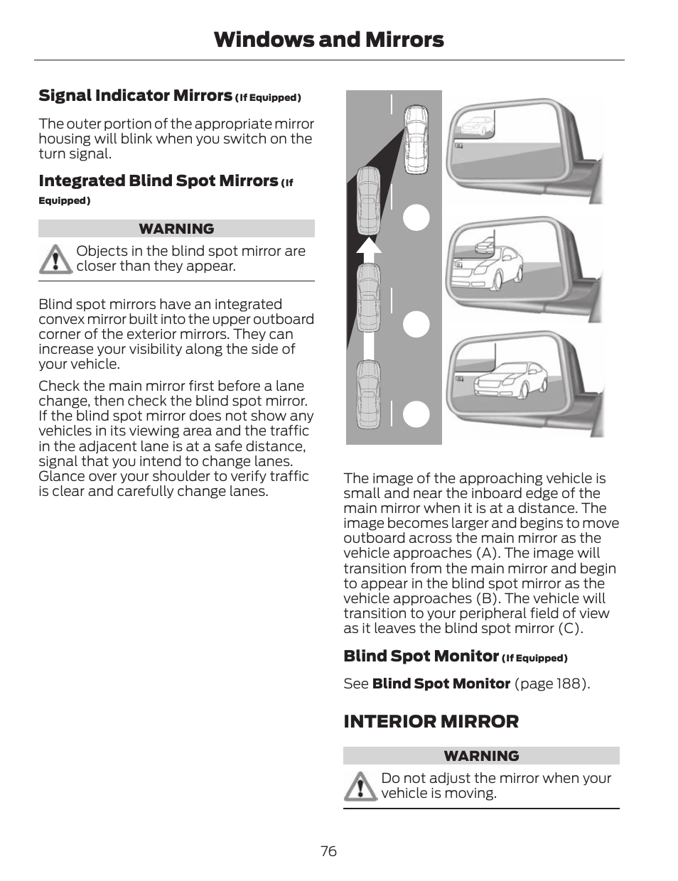 Windows and mirrors, Ab c, Interior mirror | FORD 2014 Fusion v.1 User Manual | Page 79 / 457