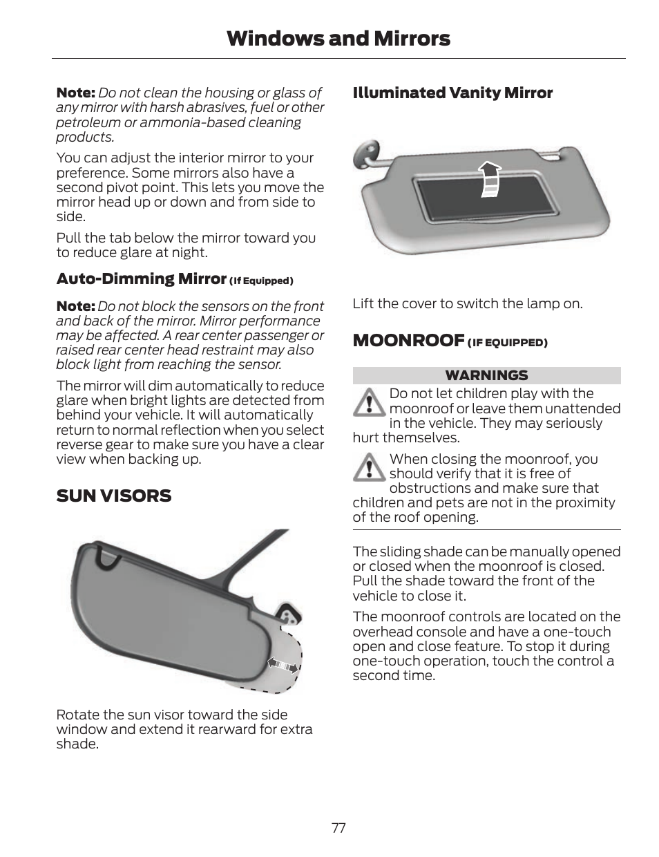 Windows and mirrors, Sun visors, Moonroof | FORD 2014 Fusion v.1 User Manual | Page 80 / 457