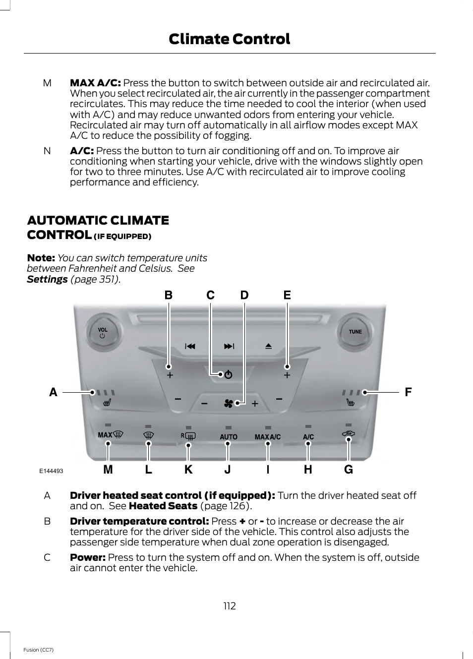 Automatic climate control, Climate control | FORD 2014 Fusion v.2 User Manual | Page 114 / 453