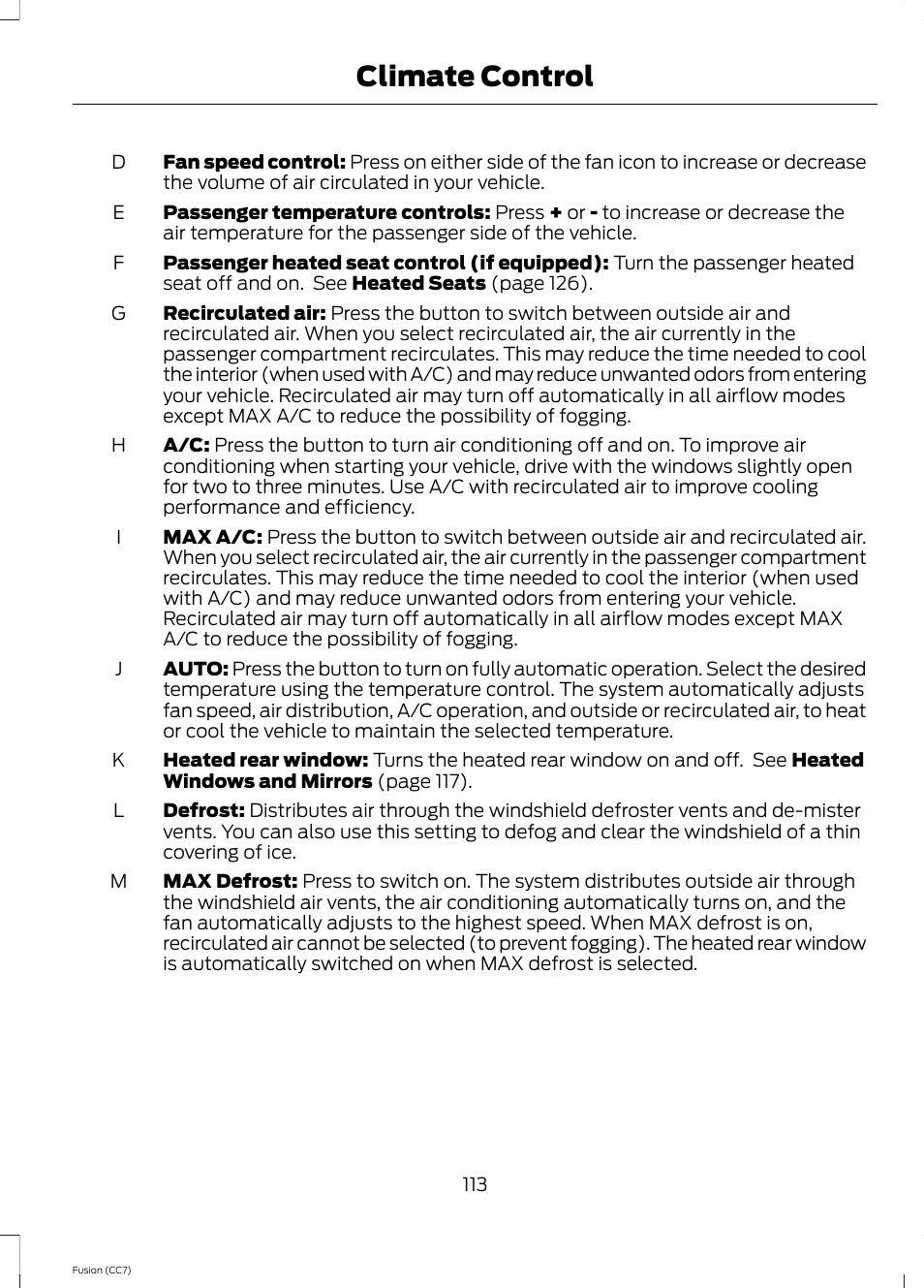 Climate control | FORD 2014 Fusion v.2 User Manual | Page 115 / 453