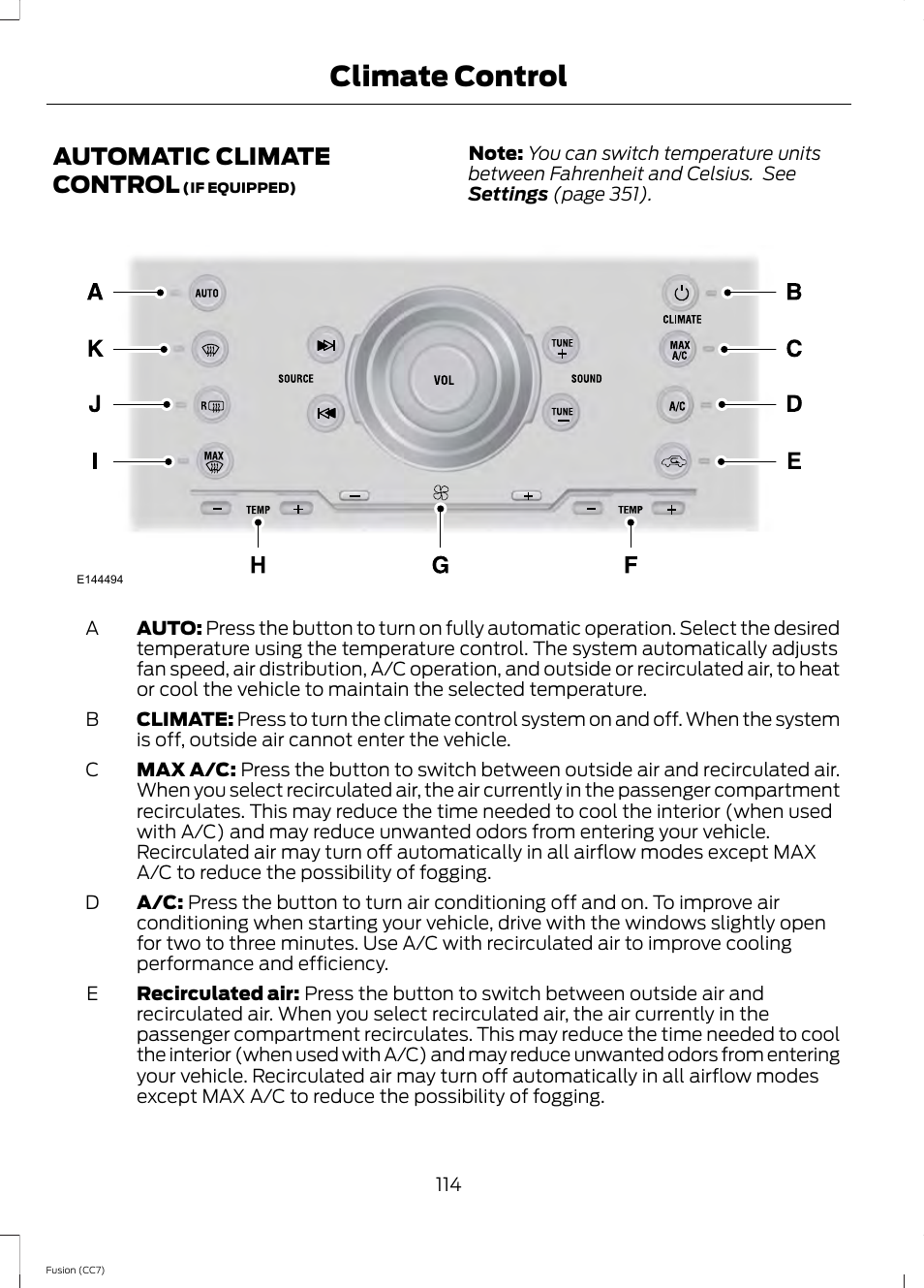 Automatic climate control, Climate control | FORD 2014 Fusion v.2 User Manual | Page 116 / 453