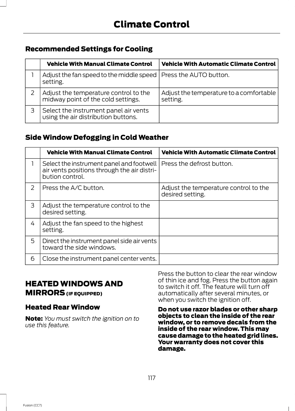 Heated windows and mirrors, Climate control | FORD 2014 Fusion v.2 User Manual | Page 119 / 453