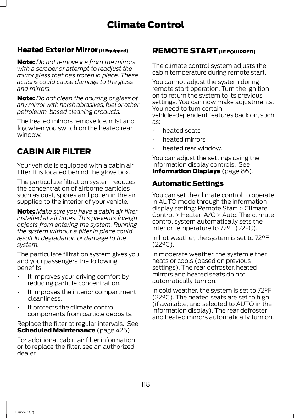 Cabin air filter, Remote start, Cabin air filter remote start | Climate control | FORD 2014 Fusion v.2 User Manual | Page 120 / 453