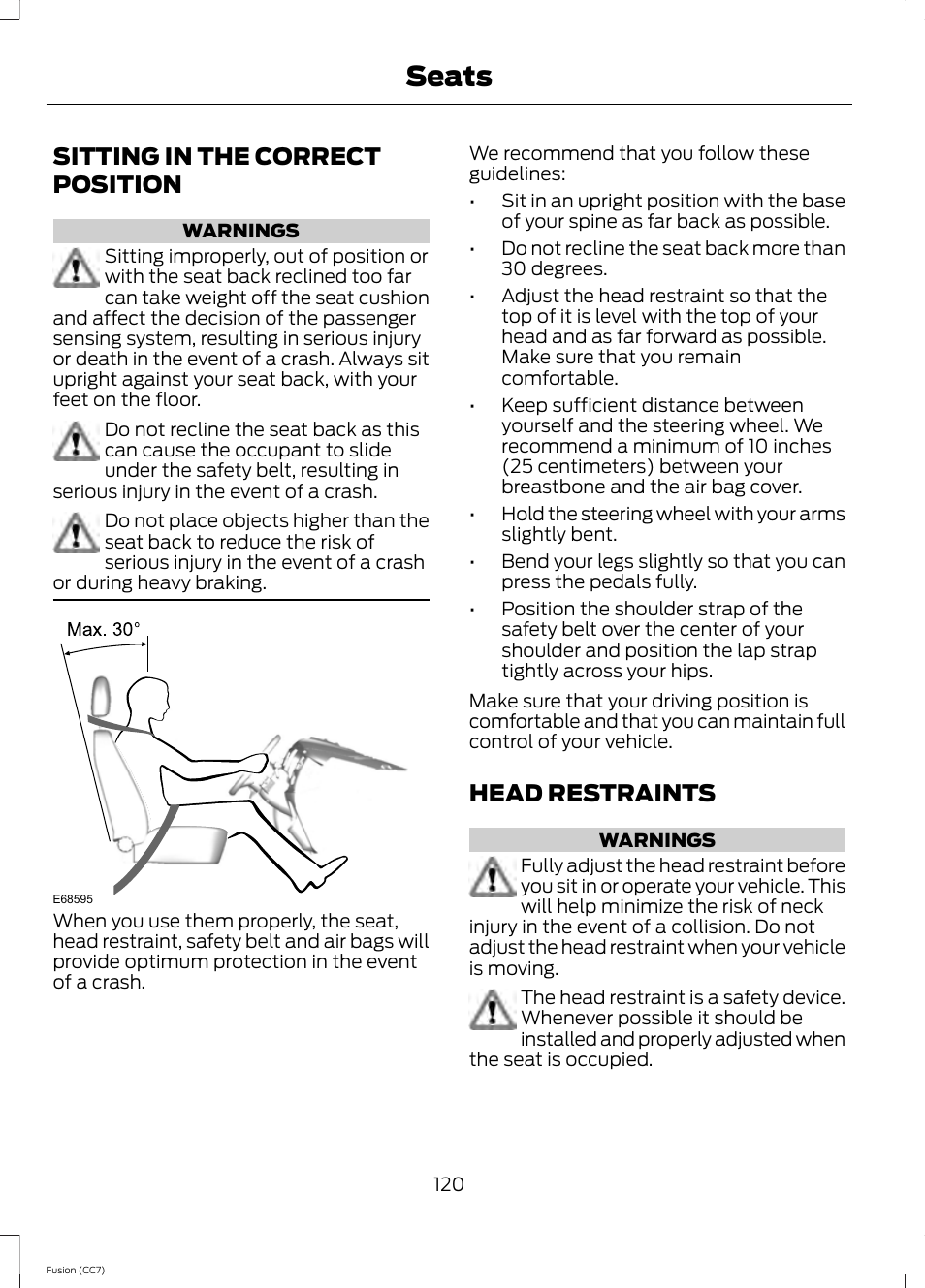 Seats, Sitting in the correct position, Head restraints | Sitting in the correct position head restraints | FORD 2014 Fusion v.2 User Manual | Page 122 / 453