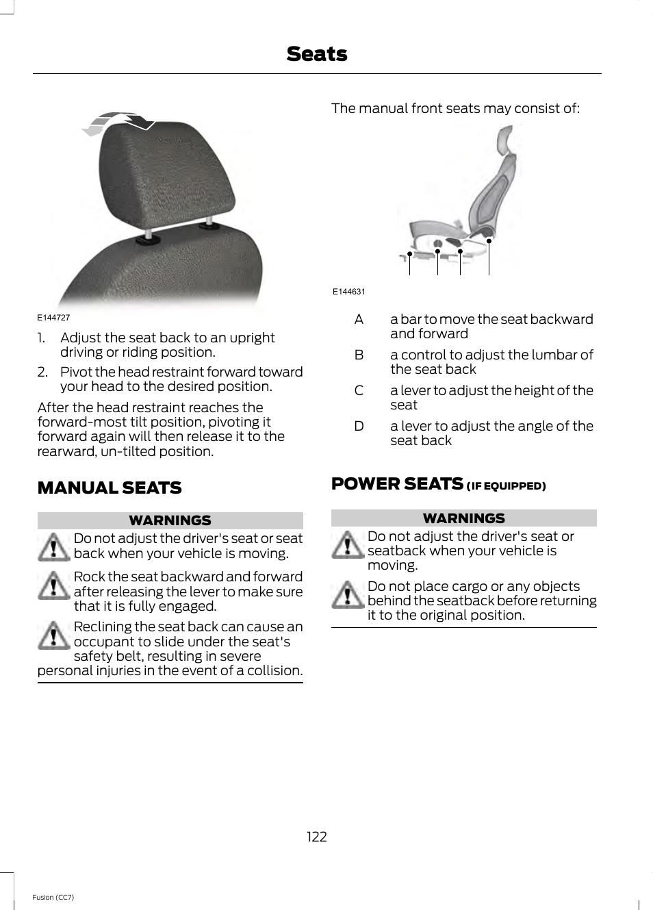 Manual seats, Power seats, Manual seats power seats | Seats, Ab c d | FORD 2014 Fusion v.2 User Manual | Page 124 / 453