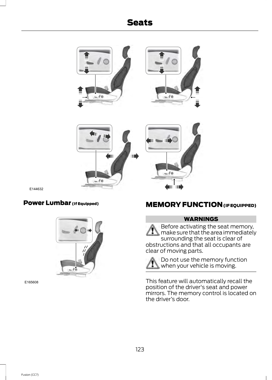 Memory function, Seats | FORD 2014 Fusion v.2 User Manual | Page 125 / 453