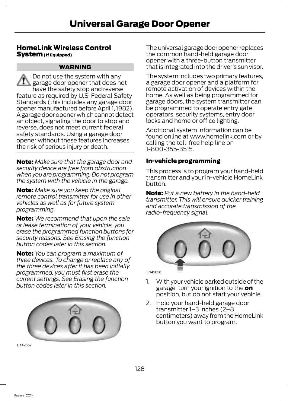 Universal garage door opener, Universal garage door, Opener | FORD 2014 Fusion v.2 User Manual | Page 130 / 453