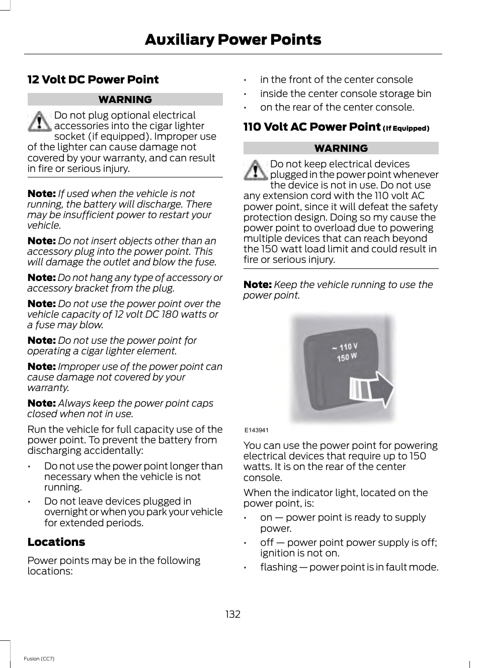 Auxiliary power points | FORD 2014 Fusion v.2 User Manual | Page 134 / 453