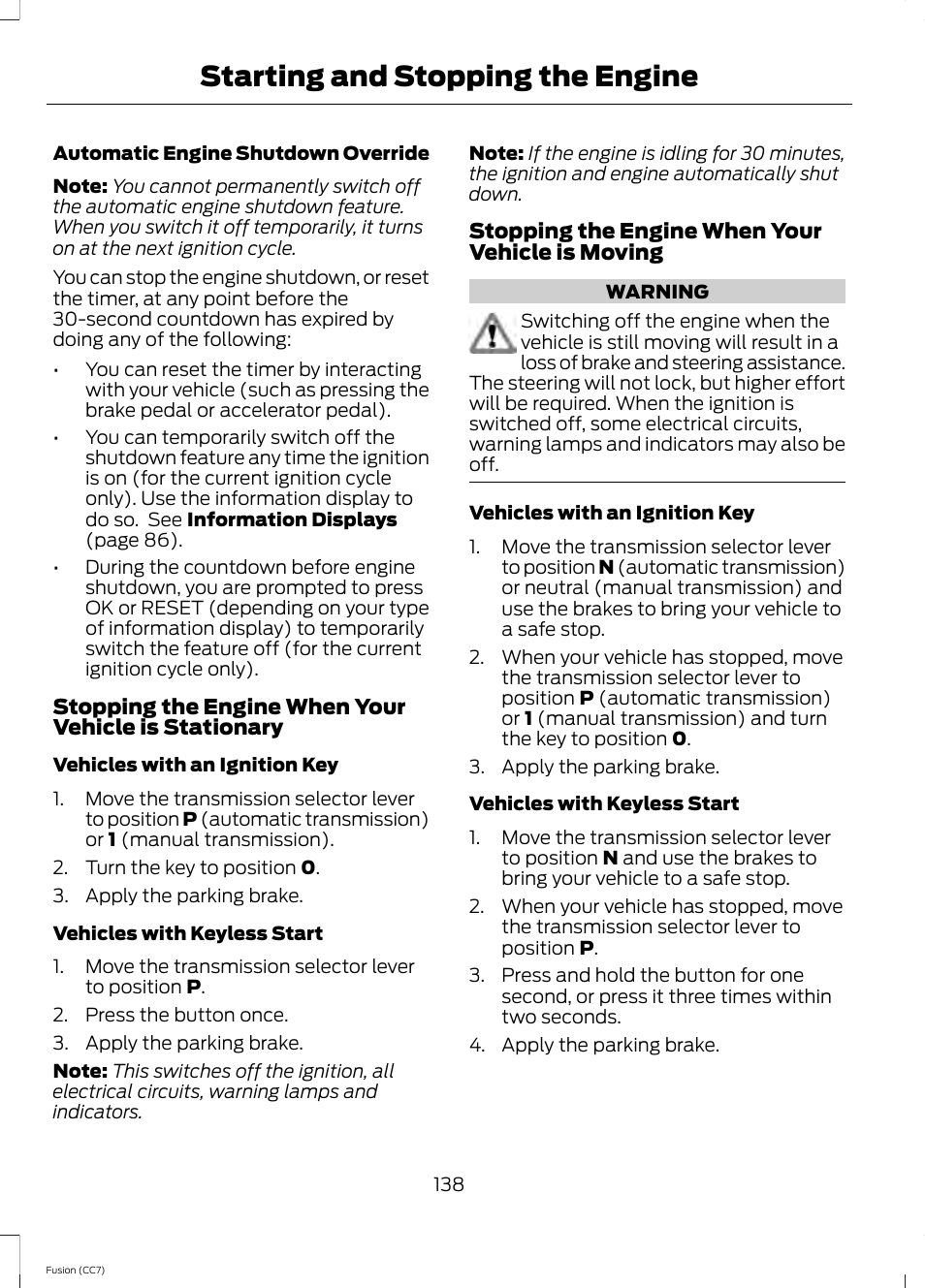 Starting and stopping the engine | FORD 2014 Fusion v.2 User Manual | Page 140 / 453