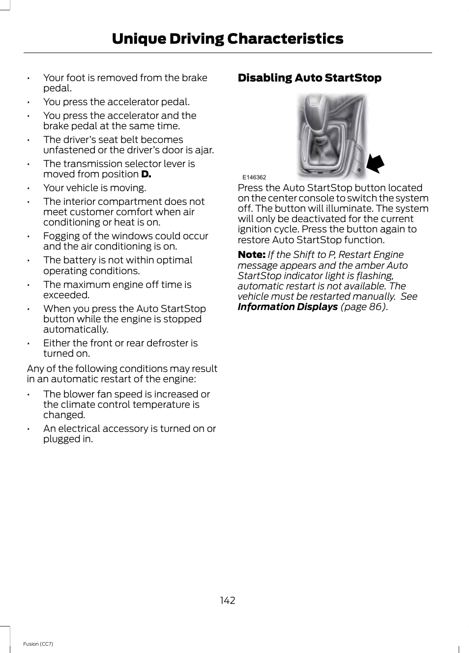 Unique driving characteristics, Disabling auto startstop | FORD 2014 Fusion v.2 User Manual | Page 144 / 453