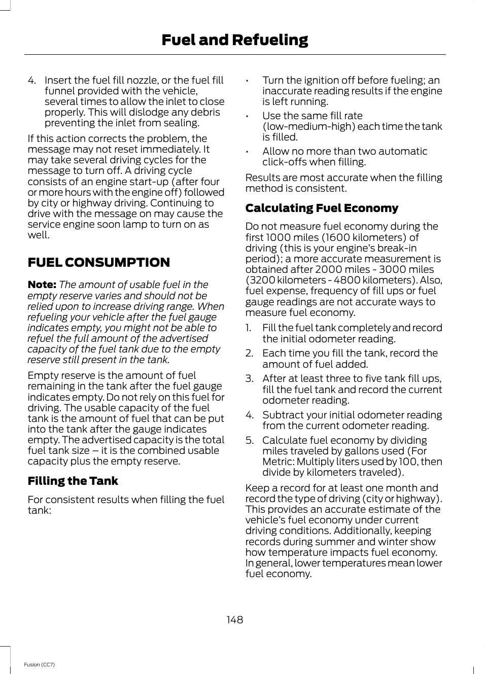 Fuel consumption, Fuel and refueling | FORD 2014 Fusion v.2 User Manual | Page 150 / 453