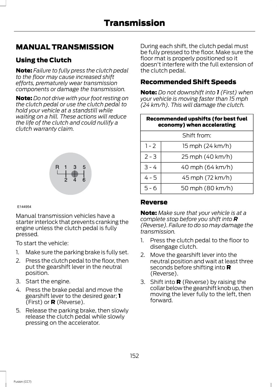Transmission, Manual transmission | FORD 2014 Fusion v.2 User Manual | Page 154 / 453