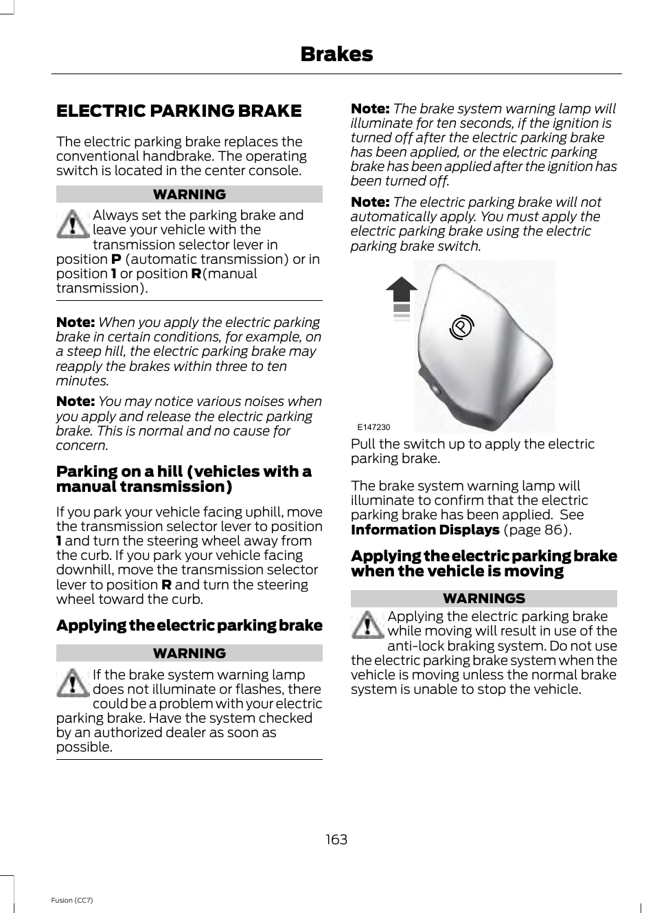 Electric parking brake, Brakes | FORD 2014 Fusion v.2 User Manual | Page 165 / 453