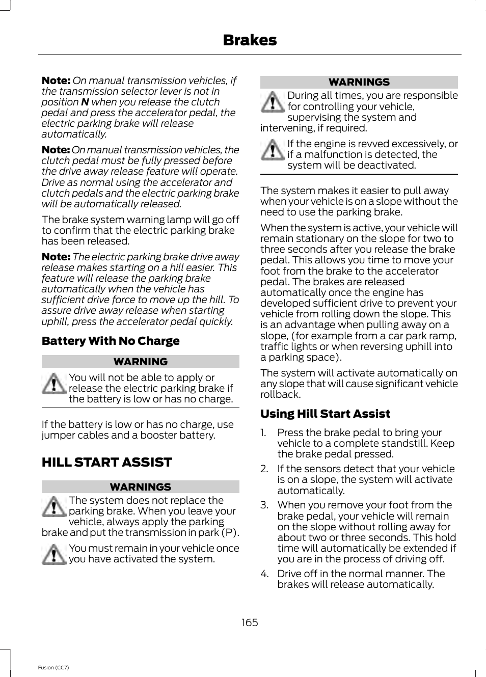 Hill start assist, Brakes | FORD 2014 Fusion v.2 User Manual | Page 167 / 453