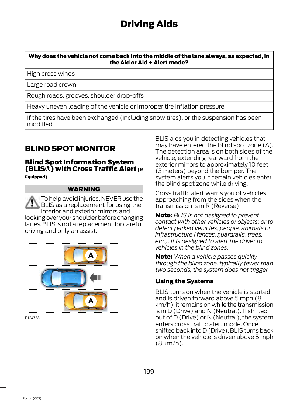 Blind spot monitor, See blind spot, Driving aids | FORD 2014 Fusion v.2 User Manual | Page 191 / 453