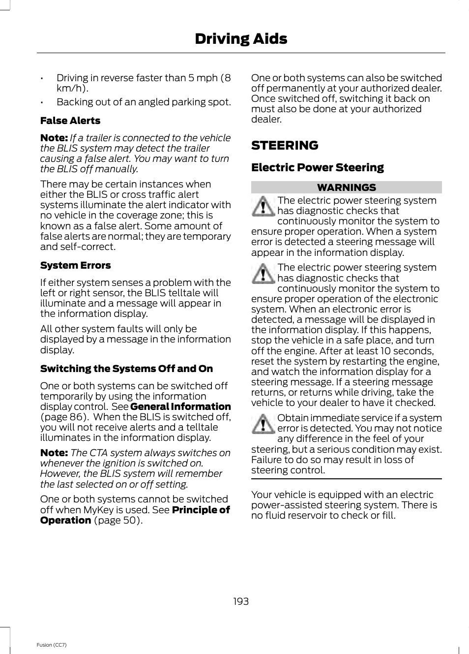 Steering, Driving aids | FORD 2014 Fusion v.2 User Manual | Page 195 / 453