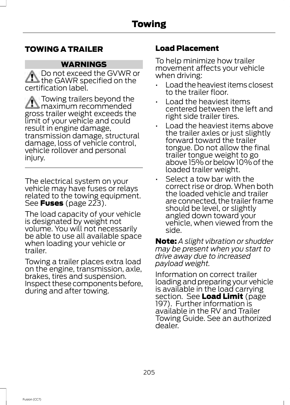 Towing, Towing a trailer | FORD 2014 Fusion v.2 User Manual | Page 207 / 453