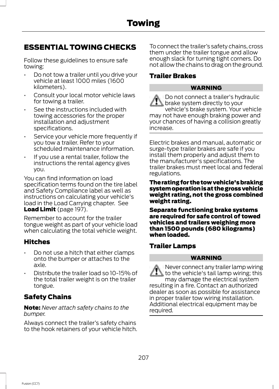 Essential towing checks, Towing | FORD 2014 Fusion v.2 User Manual | Page 209 / 453