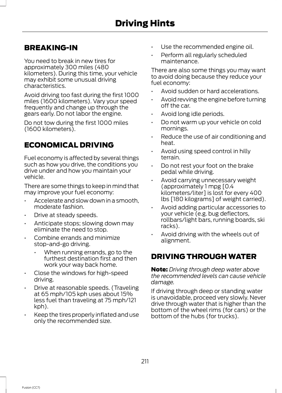 Driving hints, Breaking-in, Economical driving | Driving through water | FORD 2014 Fusion v.2 User Manual | Page 213 / 453