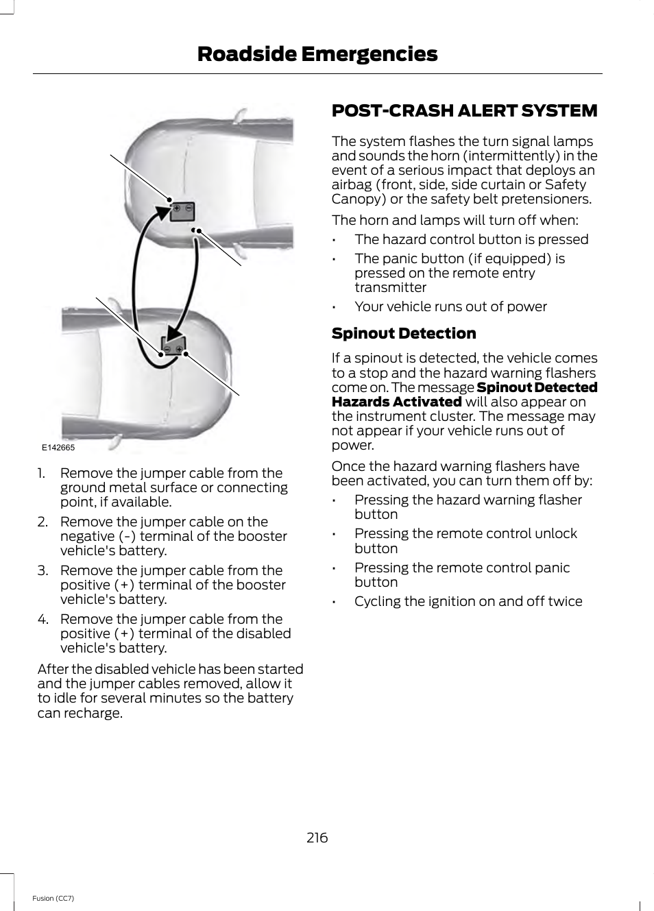 Post-crash alert system, Roadside emergencies | FORD 2014 Fusion v.2 User Manual | Page 218 / 453