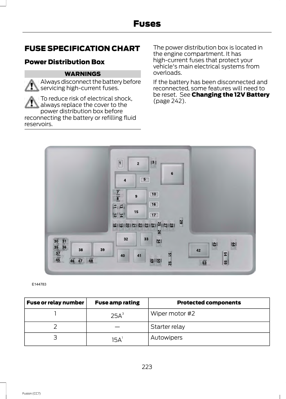 Fuses, Fuse specification chart | FORD 2014 Fusion v.2 User Manual | Page 225 / 453