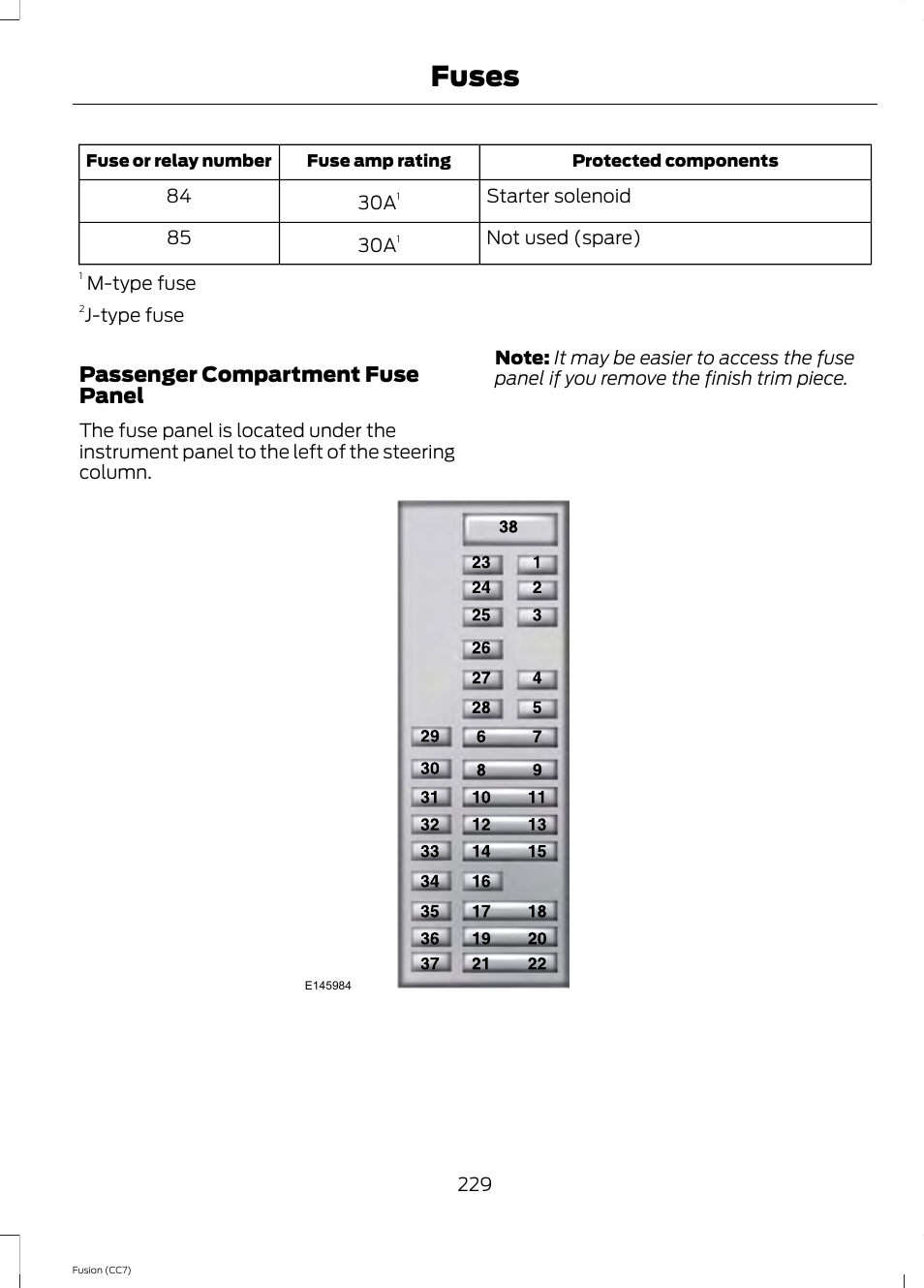 Fuses, Passenger compartment fuse panel | FORD 2014 Fusion v.2 User Manual | Page 231 / 453