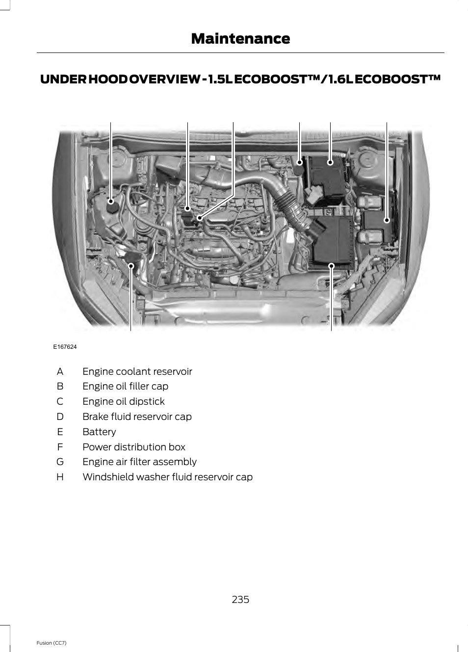 Under hood overview, Under hood overview - 1.5l, Ecoboost™/1.6l ecoboost | Maintenance, Under hood overview - 1.5l ecoboost™/1.6l ecoboost | FORD 2014 Fusion v.2 User Manual | Page 237 / 453