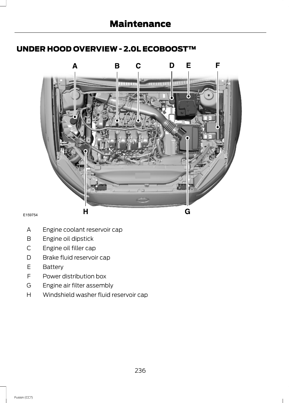Under hood overview, Under hood overview - 2.0l, Ecoboost | Maintenance, Under hood overview - 2.0l ecoboost | FORD 2014 Fusion v.2 User Manual | Page 238 / 453