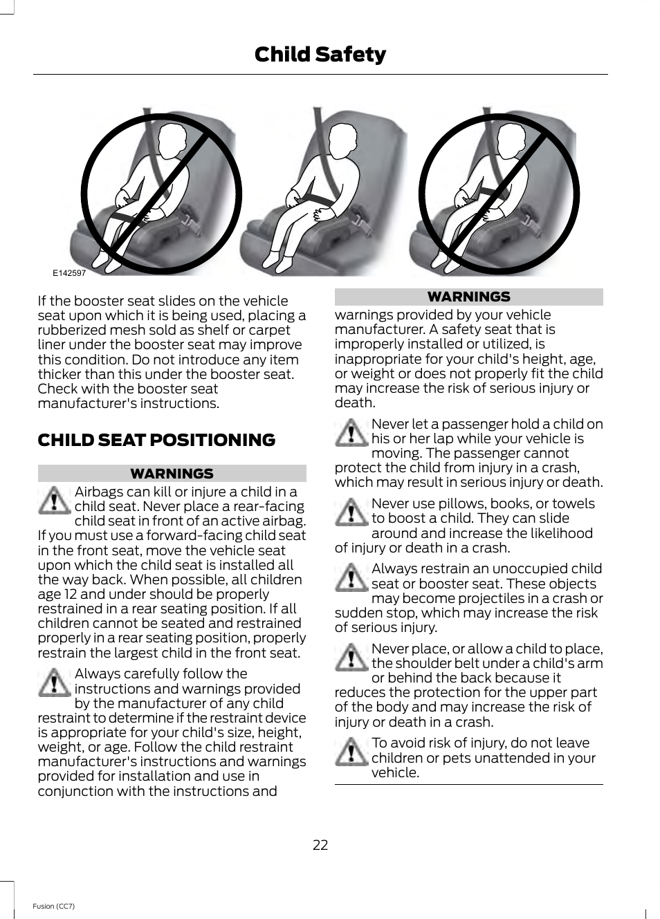 Child seat positioning, Child safety | FORD 2014 Fusion v.2 User Manual | Page 24 / 453